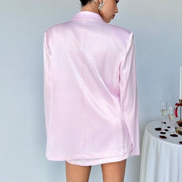 Baby Pink Elegant Women's Lapel Collar Long Sleeve Blazer Mini Skirt Suit Set - Picture 2 of 7